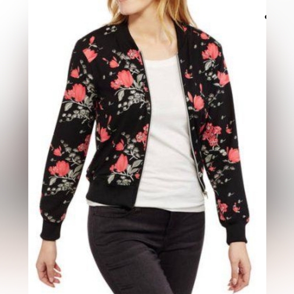 Poof! Juniors Floral Bomber Jacket Size L - Picture 1 of 5